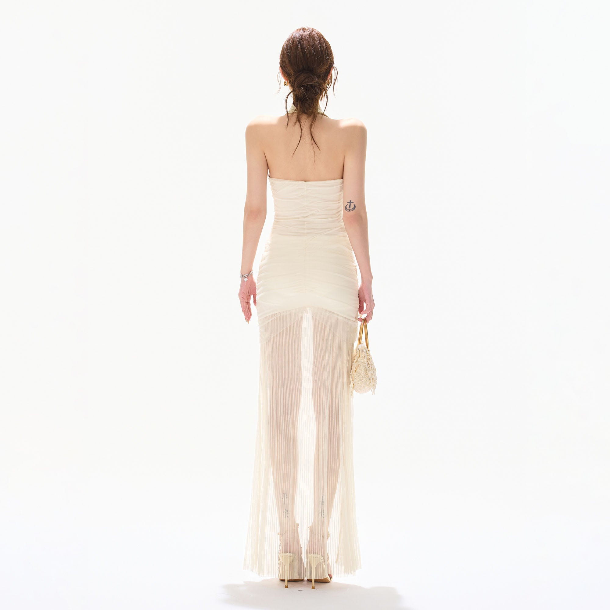 CYNR Satin Cowl Halter Ruched Maxi Dress