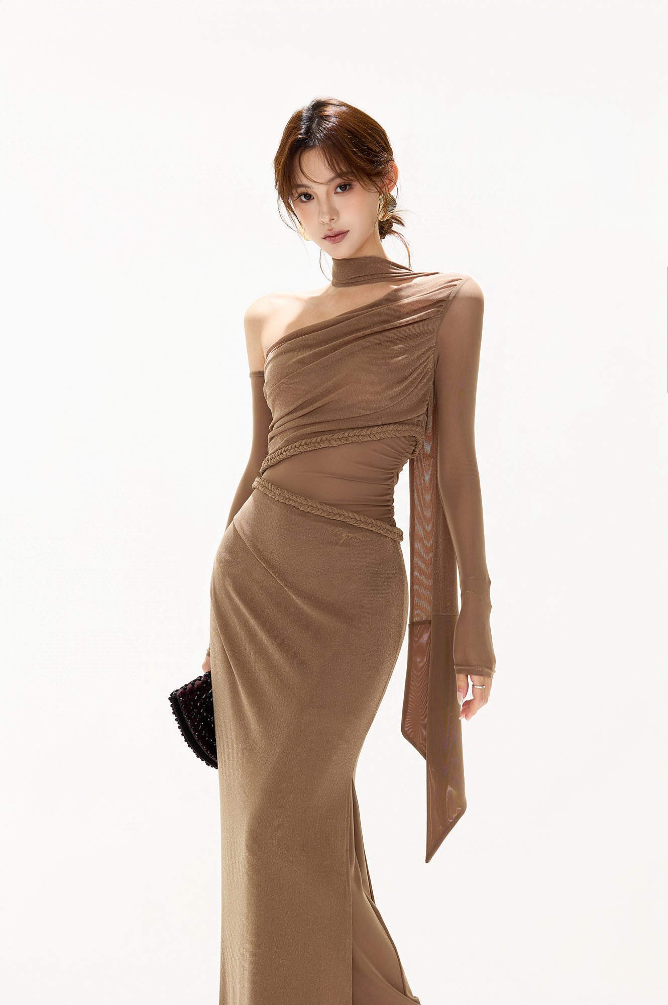 CYGNENOYR Asymmetrical Mesh-Sleeve Slit Maxi Dress