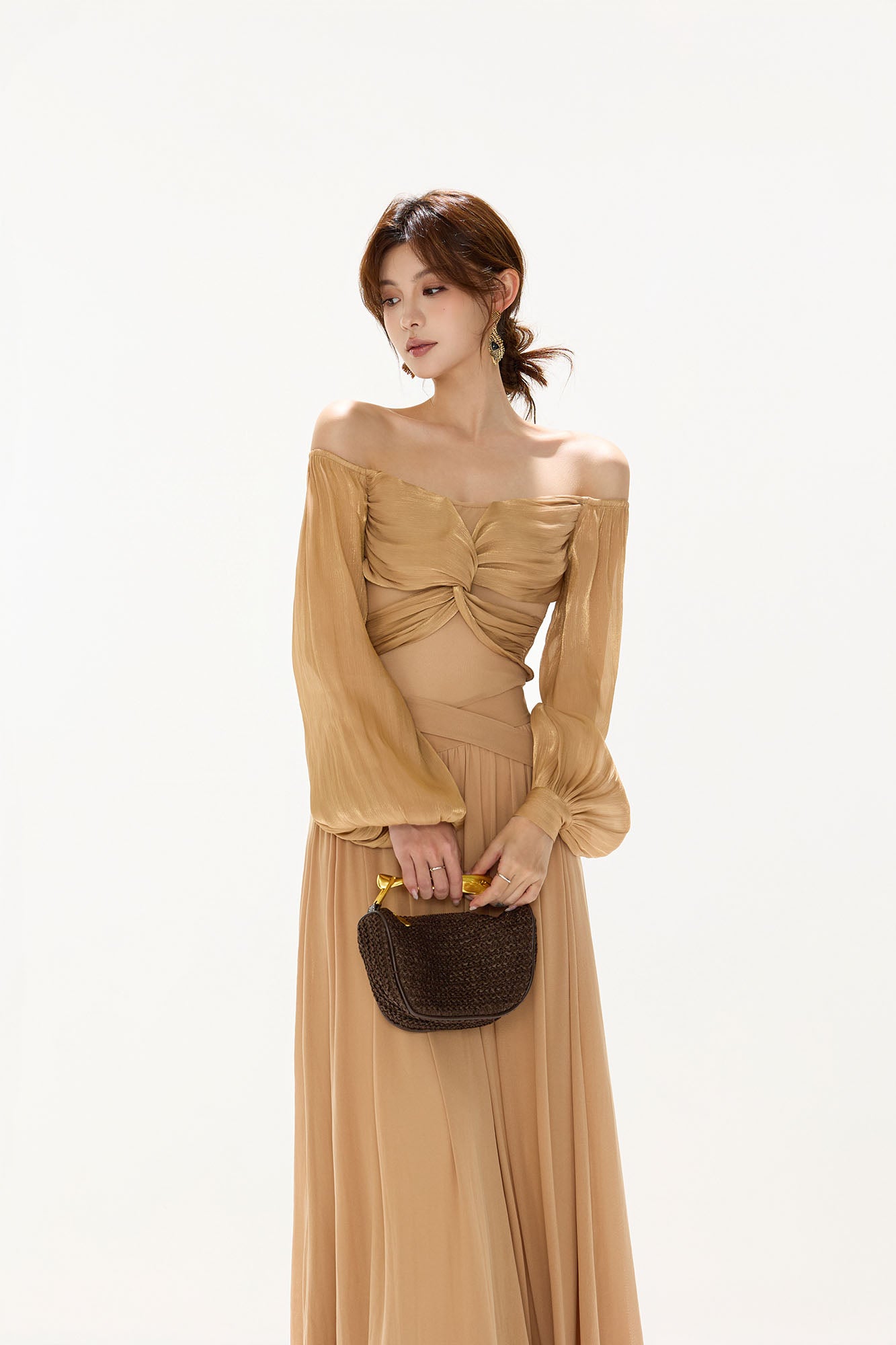 CYGNENOYR Twist-Front Off-Shoulder Chiffon Maxi Dress