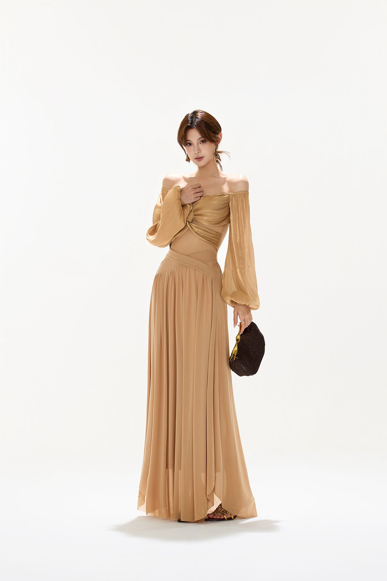 CYGNENOYR Twist-Front Off-Shoulder Chiffon Maxi Dress
