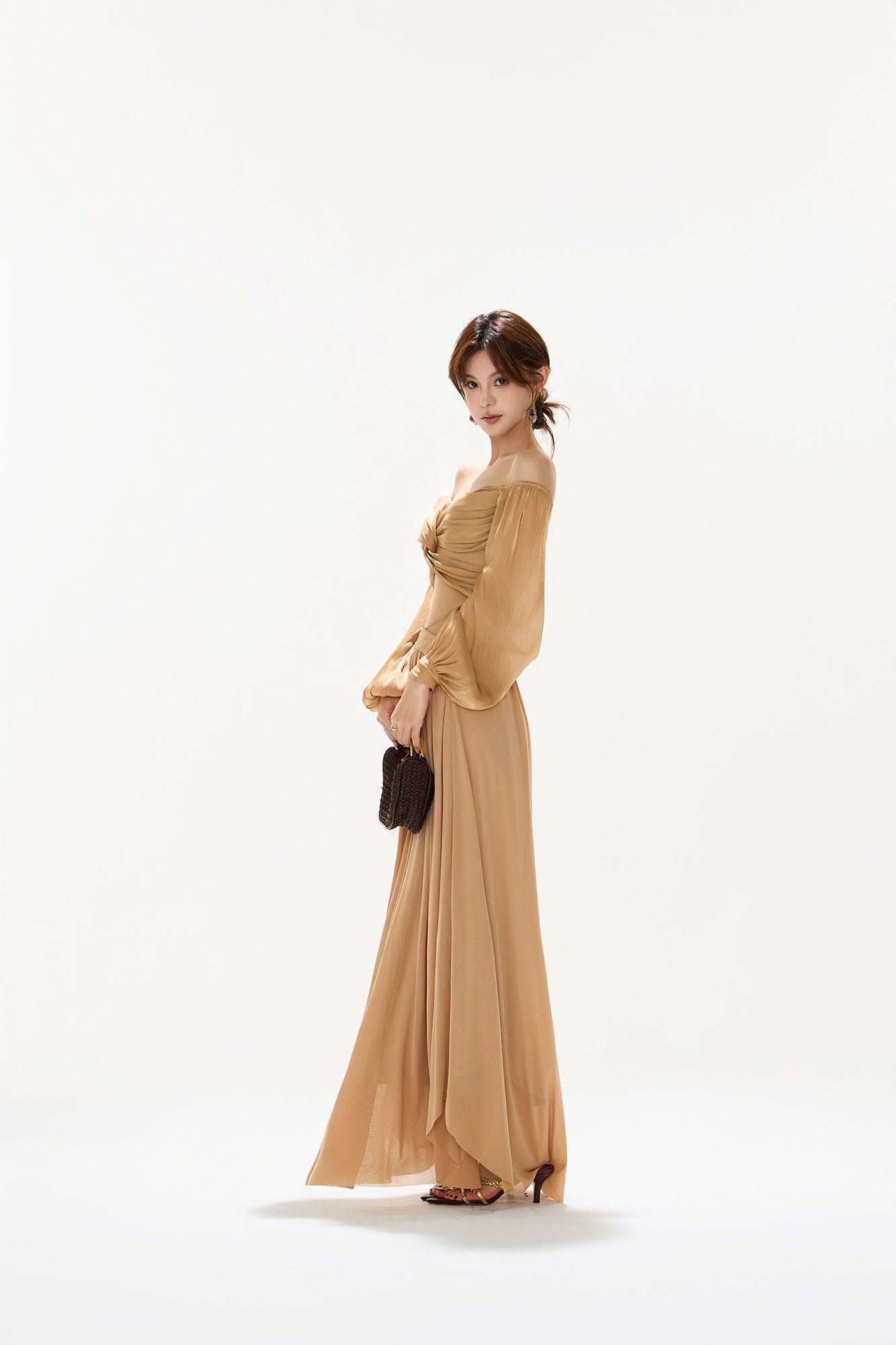CYGNENOYR Twist-Front Off-Shoulder Chiffon Maxi Dress