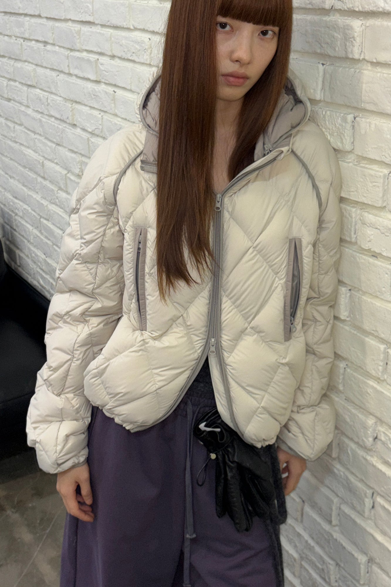 NEVERSEEZ Argyle-Quilted Detachable Hood Duck Down Jacket