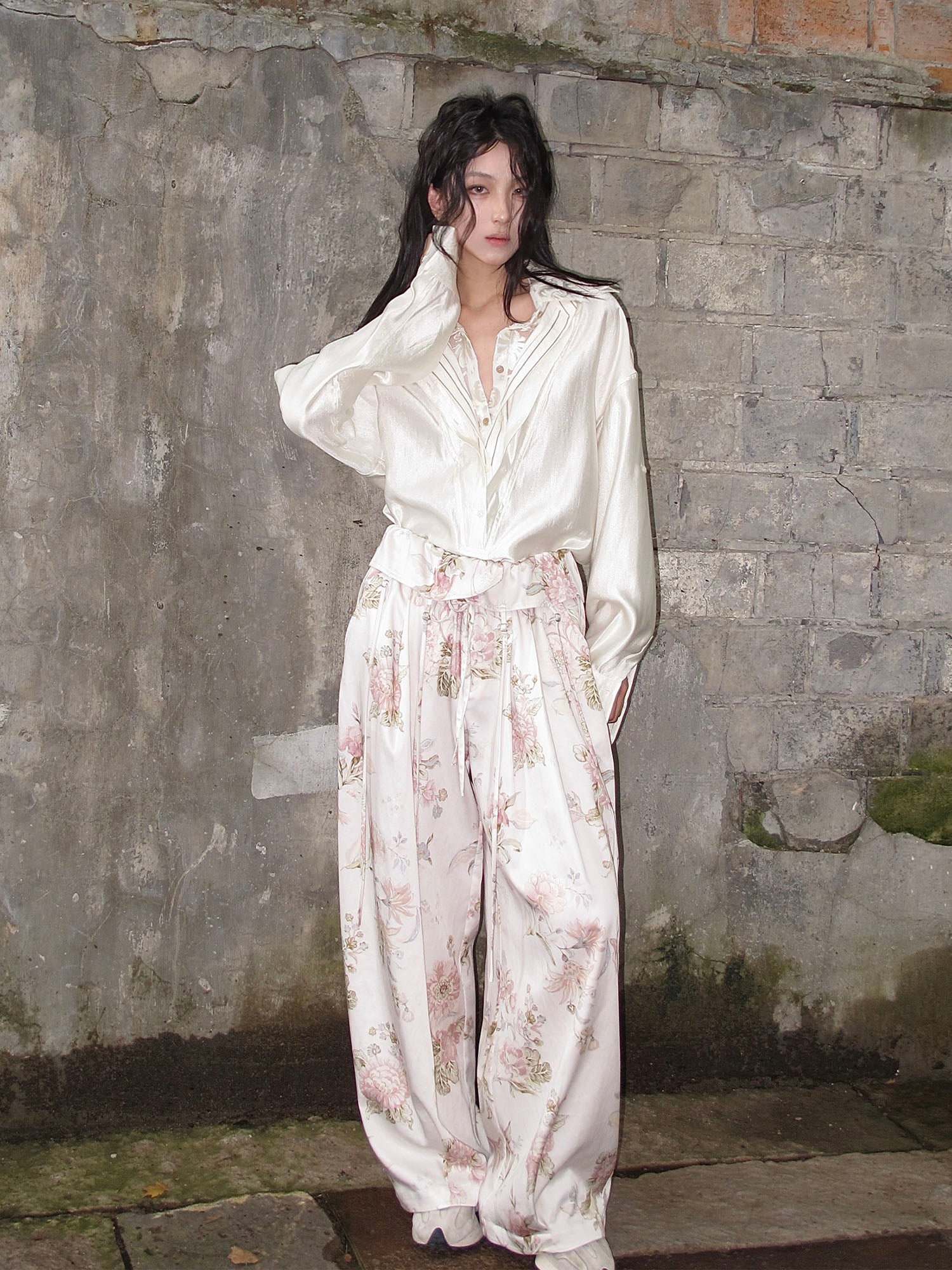 WHYNOTDANCE Floral Full-Print Tencel Wide-Leg Pants