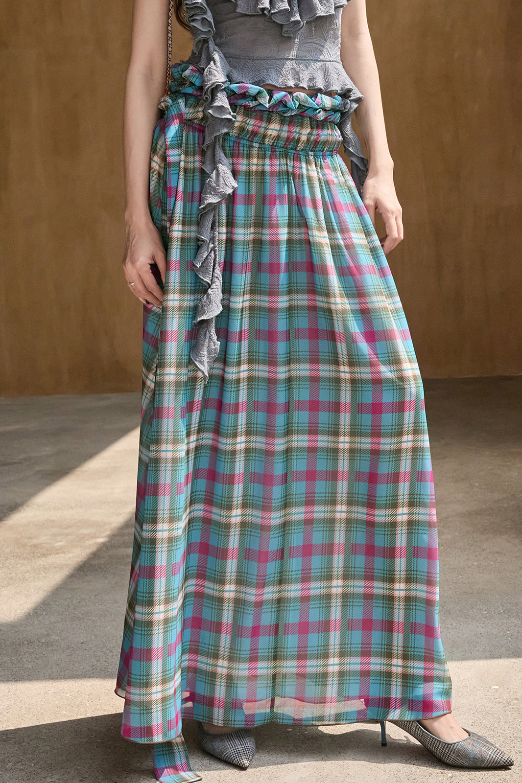 MXU Retro Plaid Ruched Top & Maxi Skirt Set
