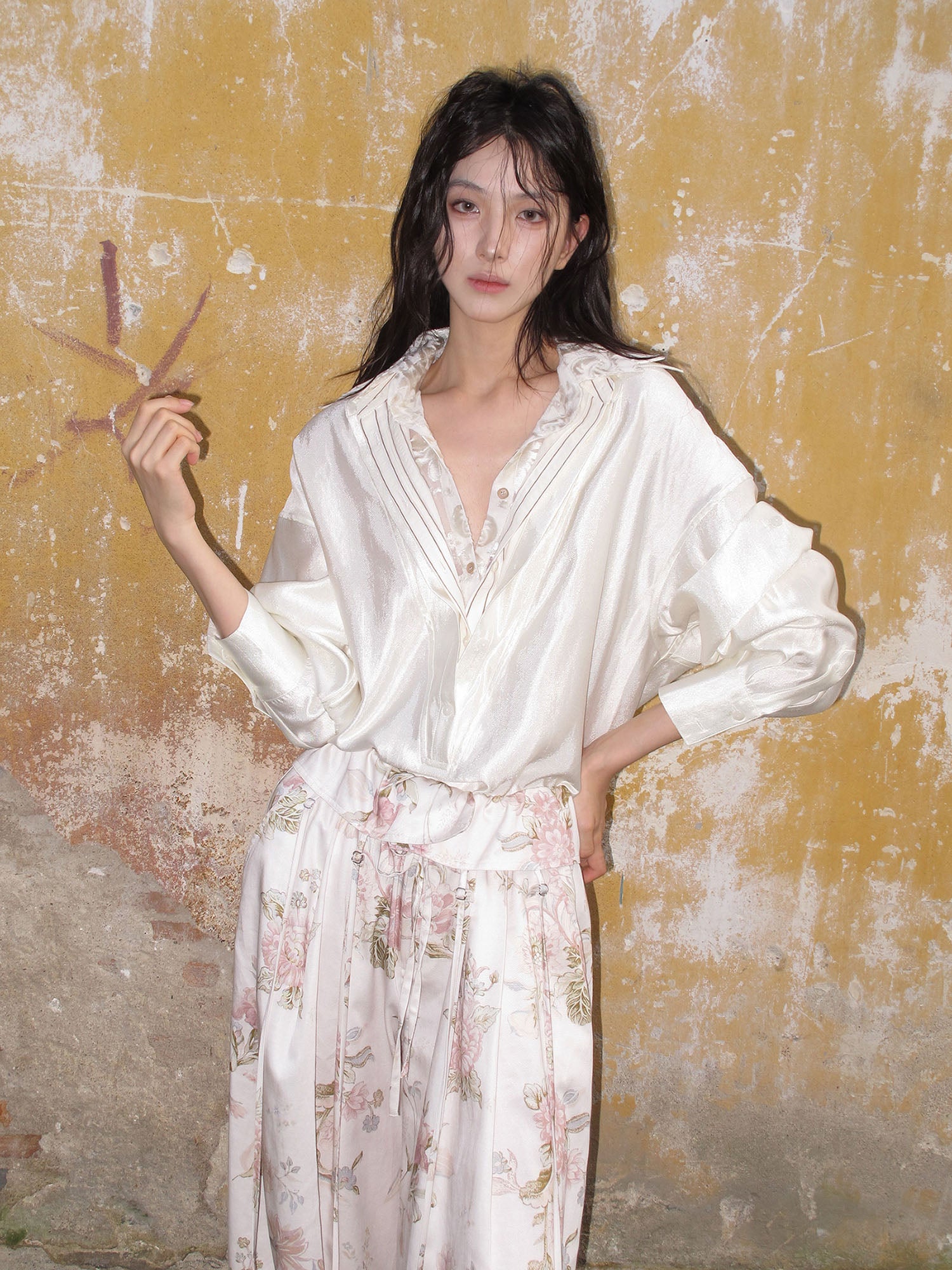 WHYNOTDANCE Layered V-Neck Lace-Trim Satin Shirt