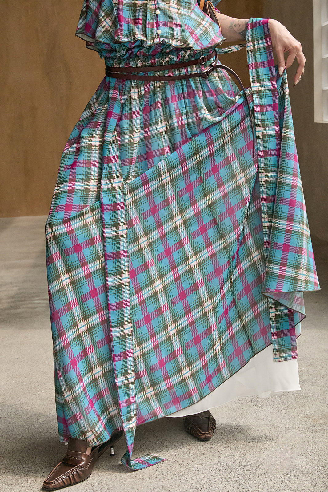 MXU Retro Plaid Ruched Top & Maxi Skirt Set