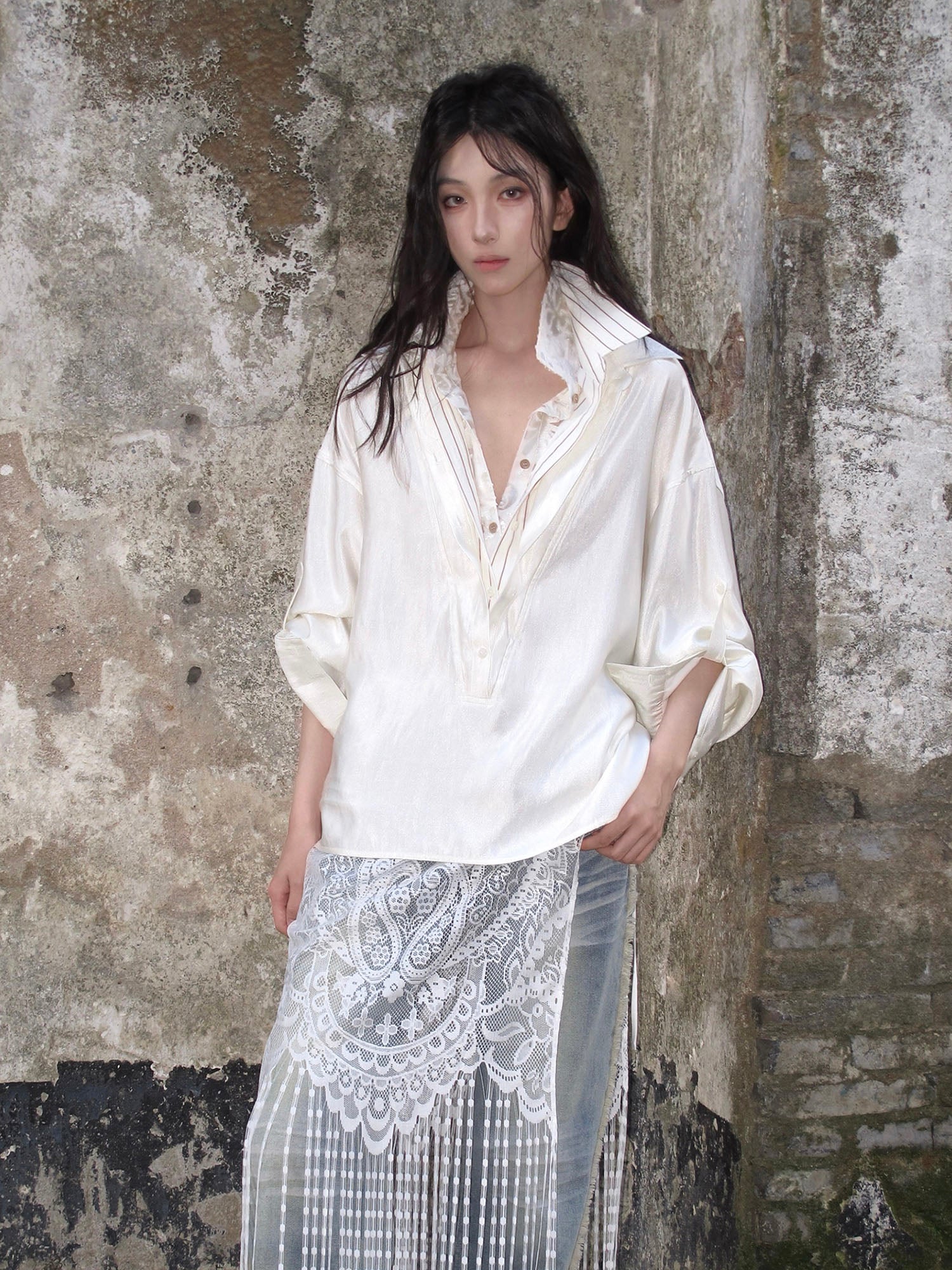 WHYNOTDANCE Layered V-Neck Lace-Trim Satin Shirt