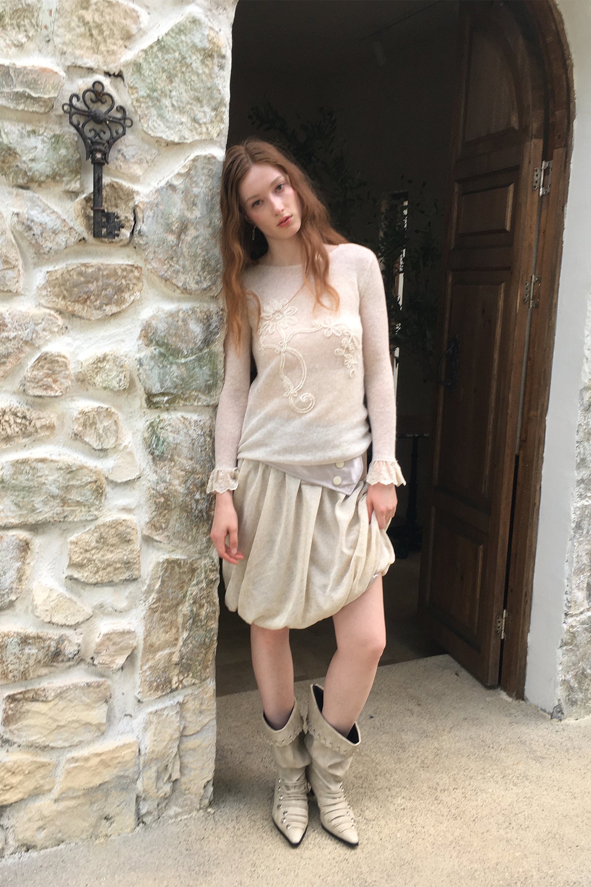 FAYCHUI Floral Rope-Embroidered Beaded Mohair Sweater