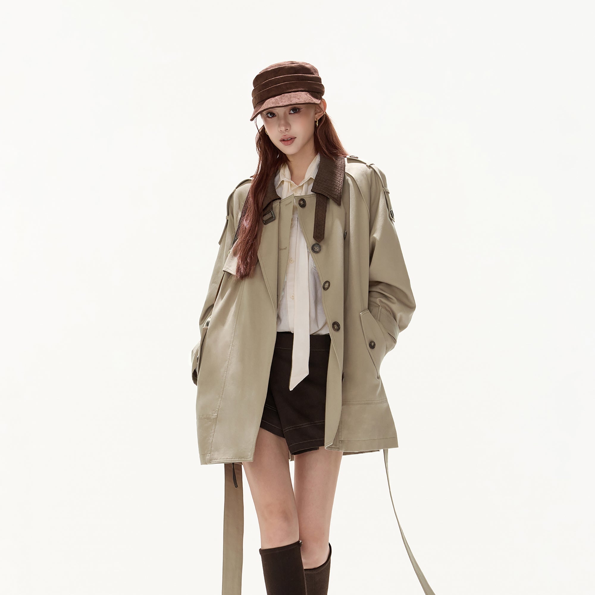 CYGNENOYR Classic Double-Breasted Belted Trench Coat