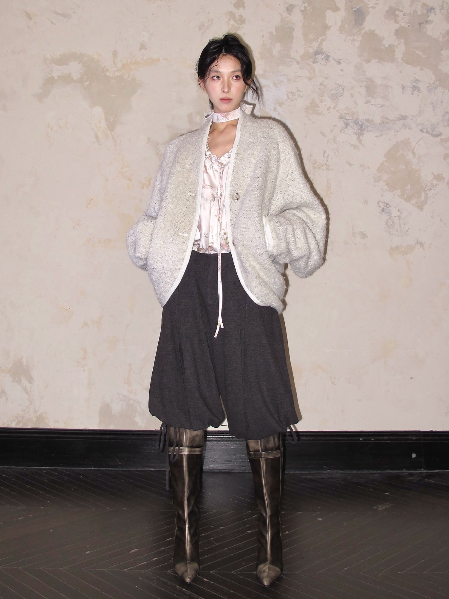 WHYNOTDANCE Bouclé Wool-Blend Slouchy Cardigan