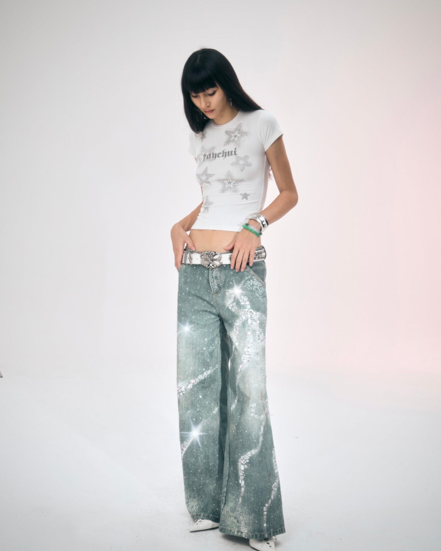 FAYCHUI Washed Crystal Bow Wide-Leg Jeans