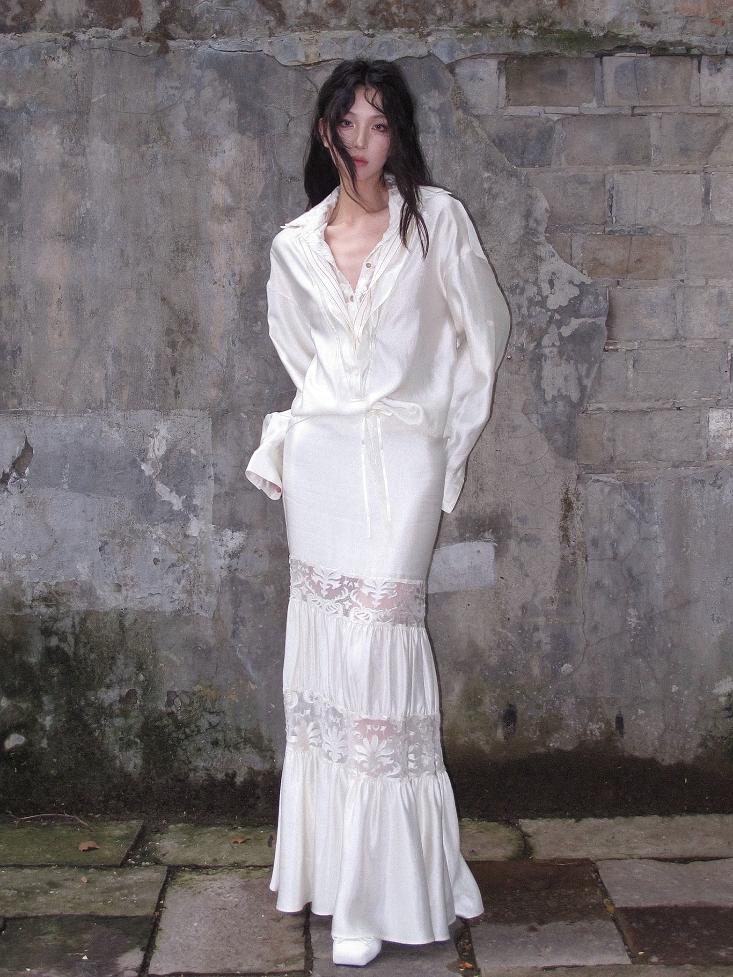 WHYNOTDANCE Lace-Paneled Crinkled Mermaid Maxi Skirt