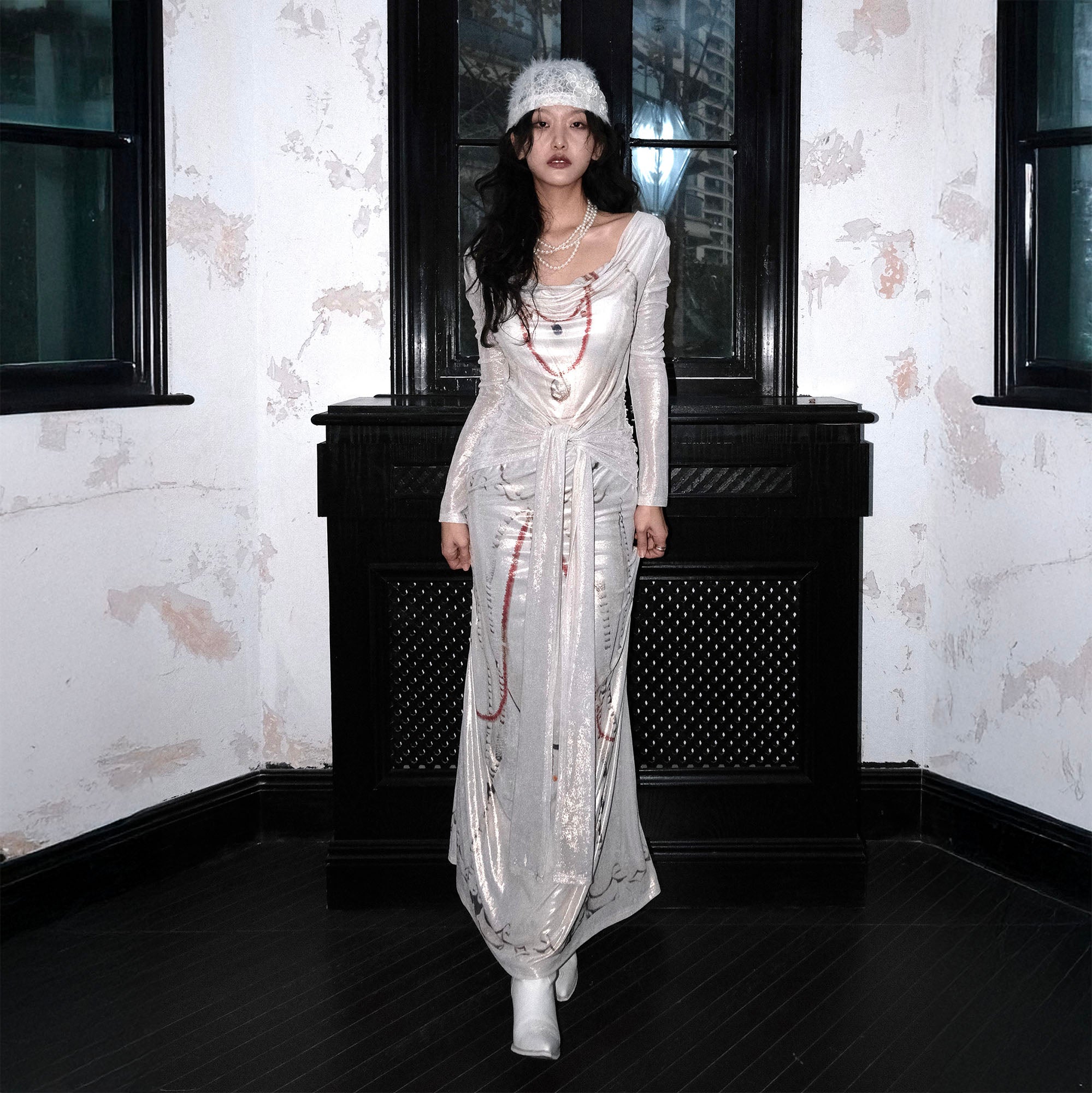 WHYNOTDANCE Satin Draped Cowl Maxi Dress