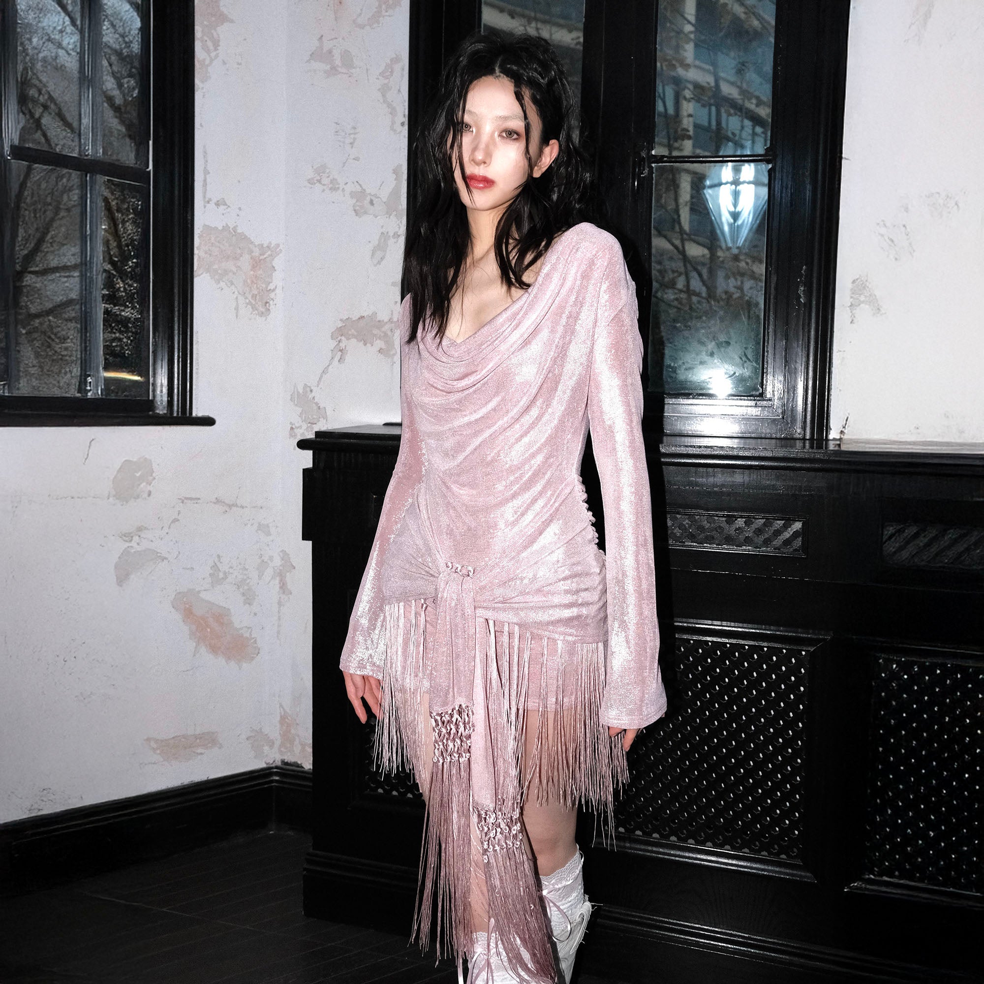 WHYNOTDANCE Metallic Fringe Cowl-Neck Draped Dress