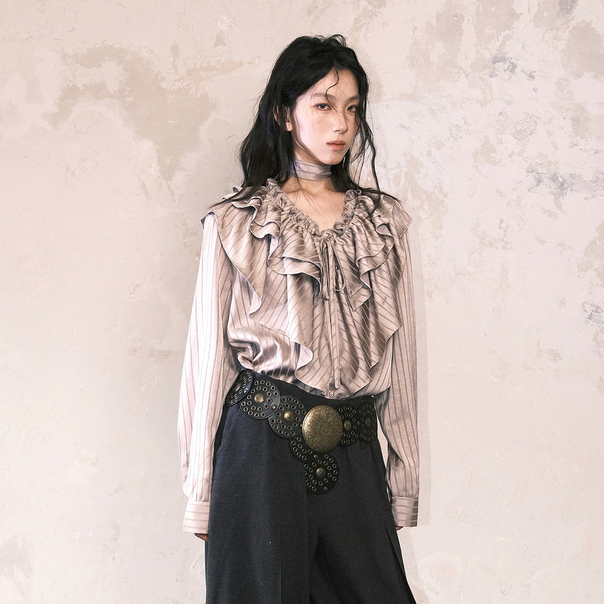 WHYNOTDANCE Ruffled Striped Detachable Shoulder Pads Blouse