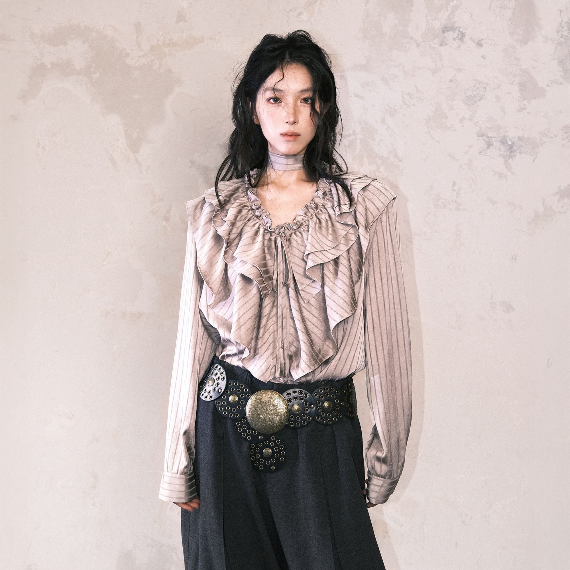 WHYNOTDANCE Ruffled Striped Detachable Shoulder Pads Blouse