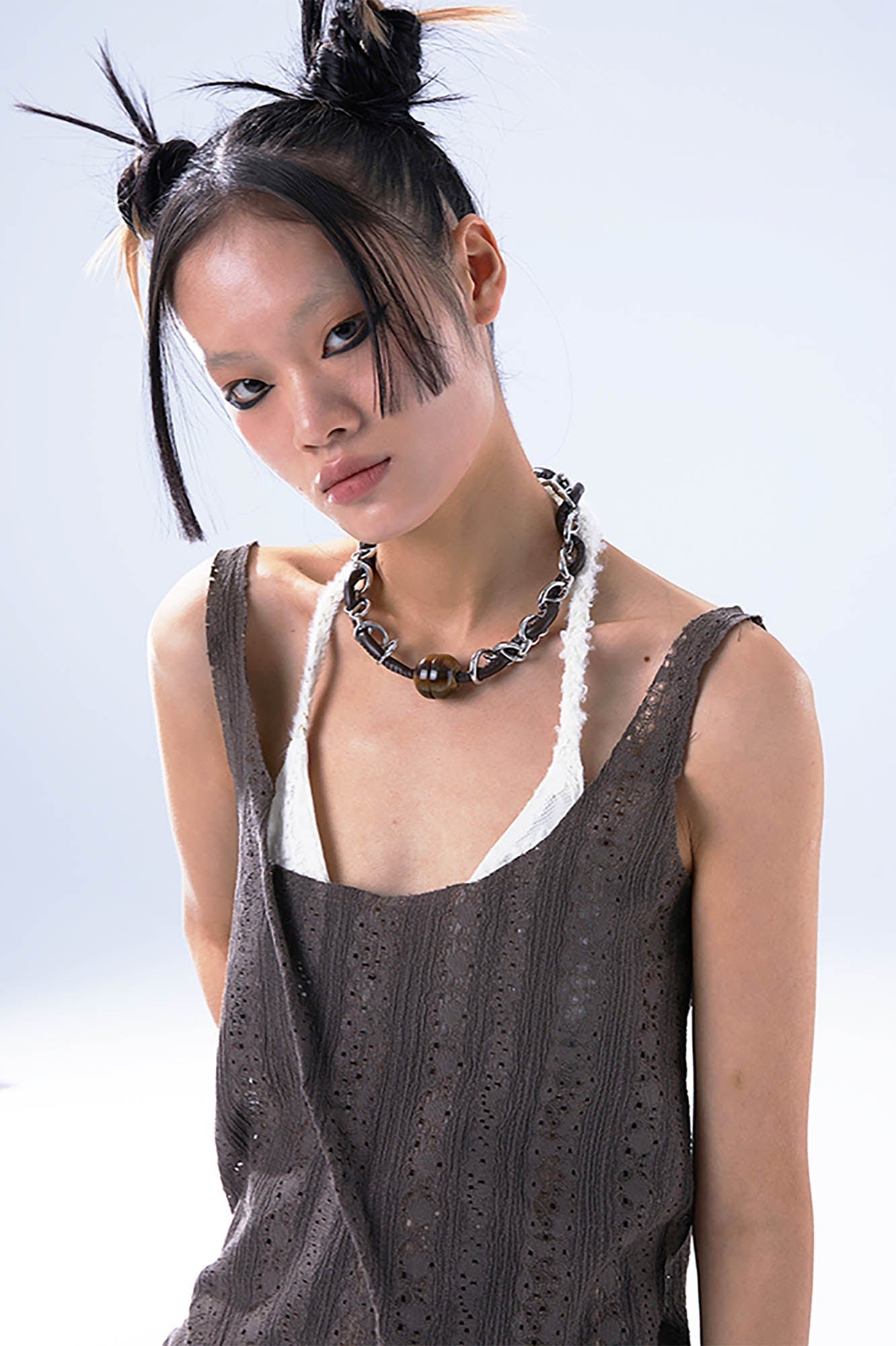 SCHWARZGOLD Leather Cord & Chain Snap Bead Necklace, premium urban and streetwear designers apparel on PROJECTISR.com, SCHWARZGOLD