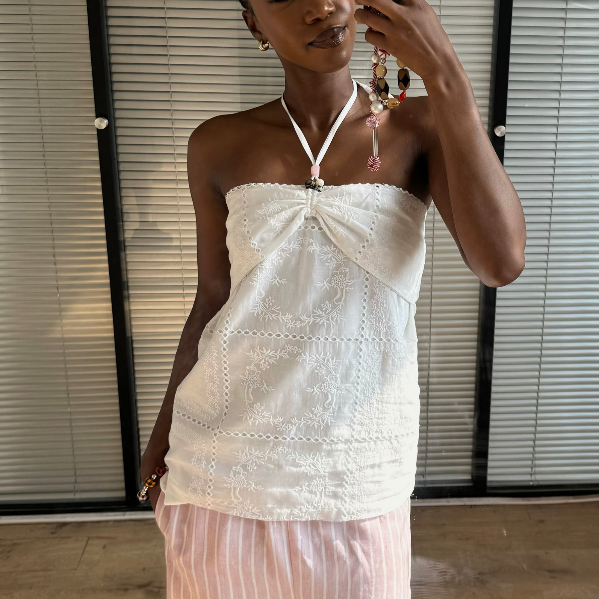 JIUWU PARK Embroidered Bow Halter Top