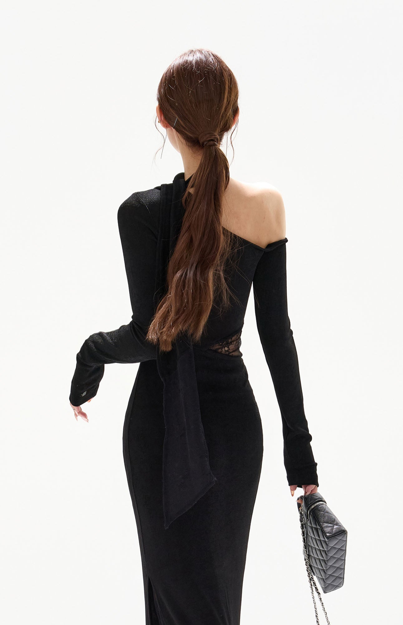 CYGNENOYR Asymmetrical Lace-Paneled Cut-Out Maxi Dress