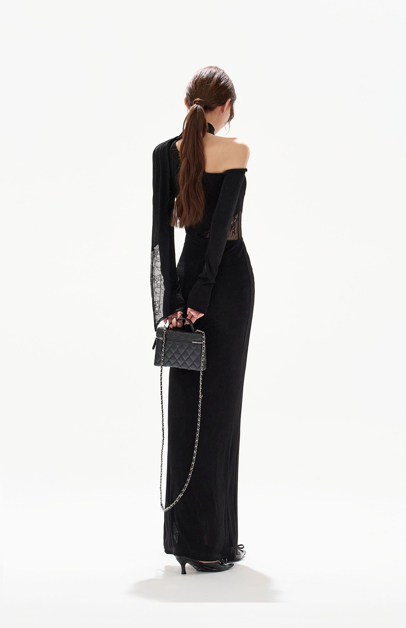 CYGNENOYR Asymmetrical Lace-Paneled Cut-Out Maxi Dress
