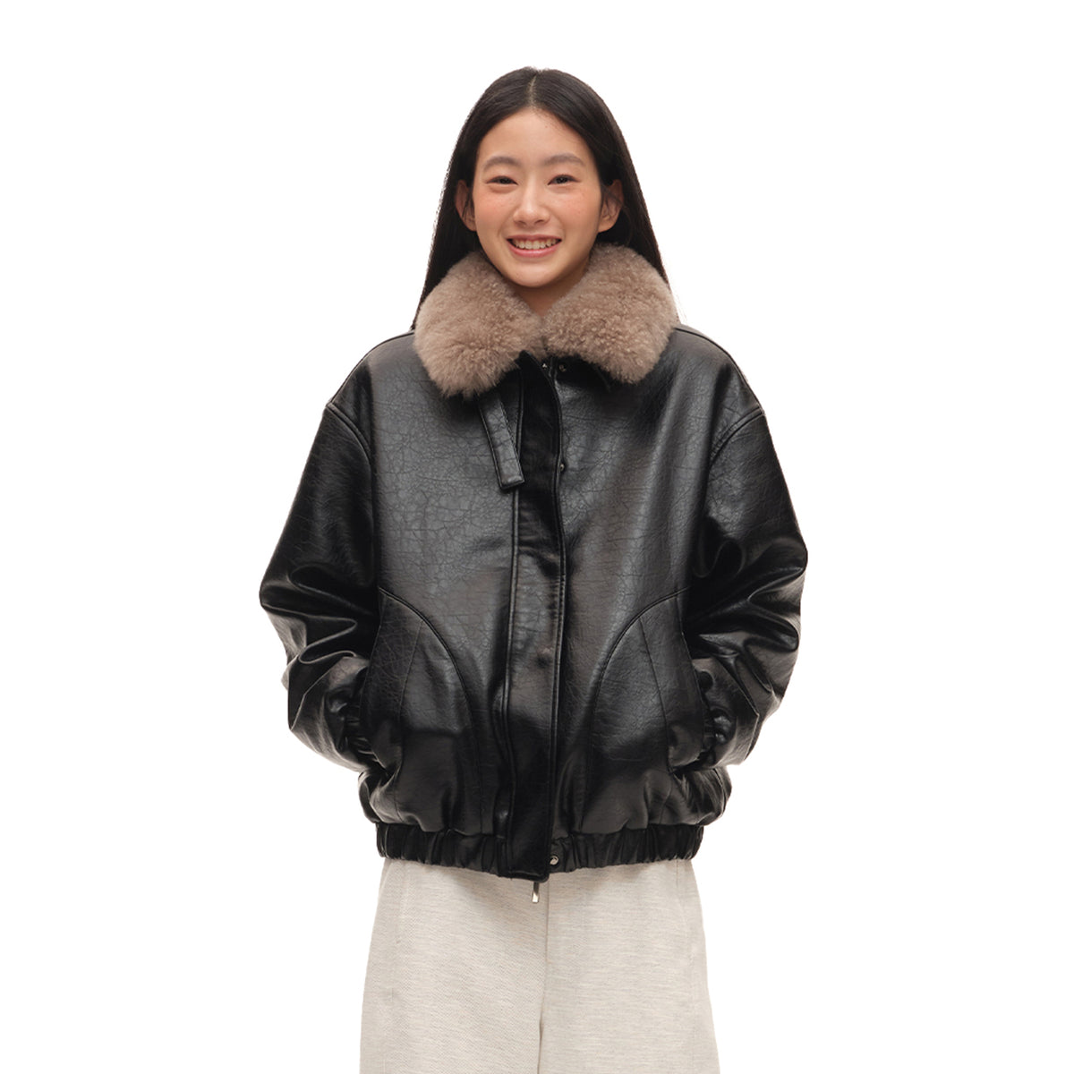 CHICCHICK Detachable Wool Collar Faux Leather Jacket