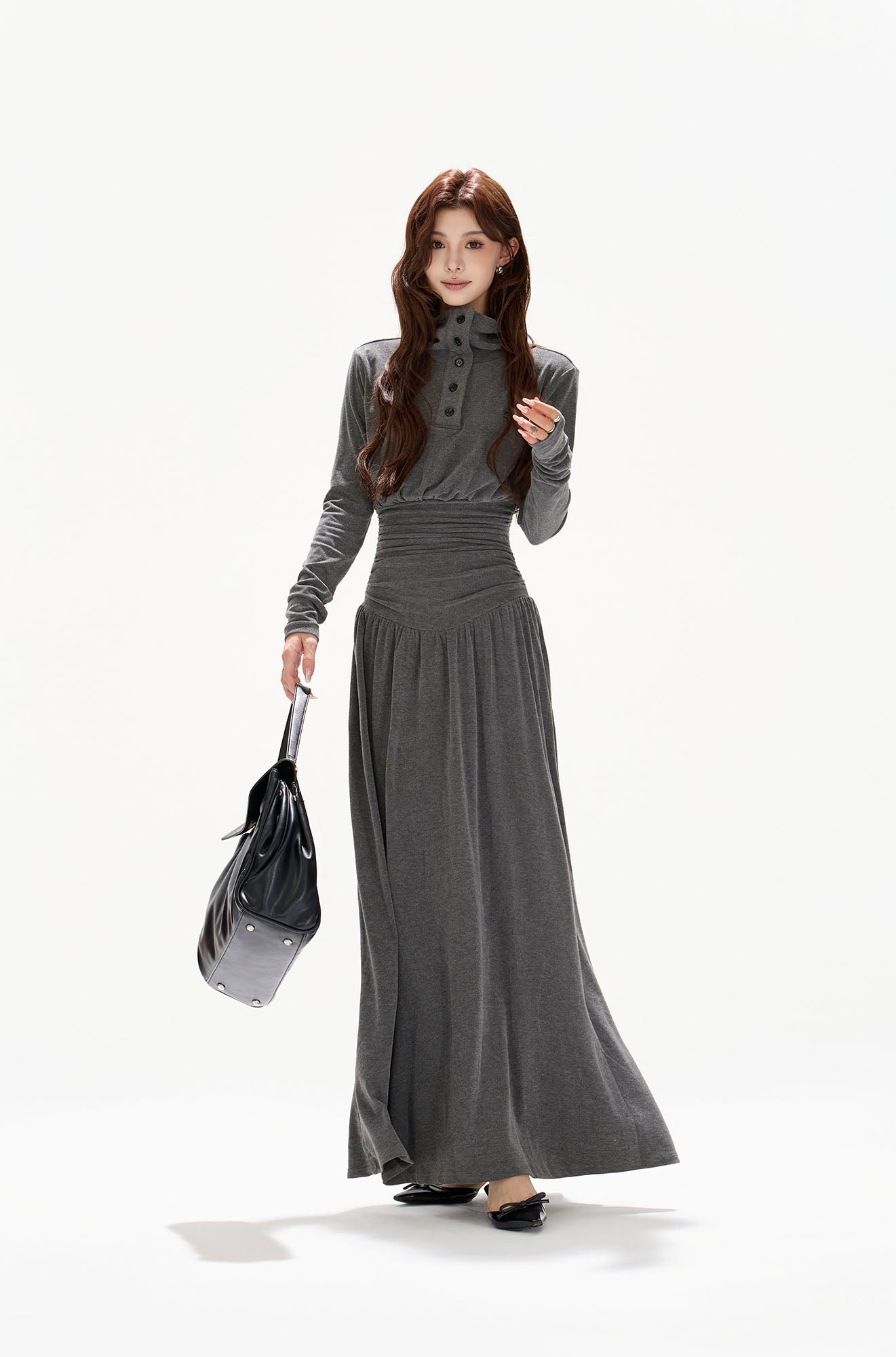 CYGNENOYR Ruched High-Neck Paneled Maxi Dress
