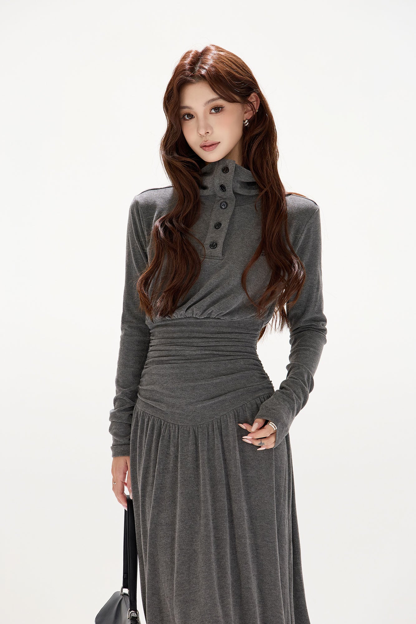 CYGNENOYR Ruched High-Neck Paneled Maxi Dress