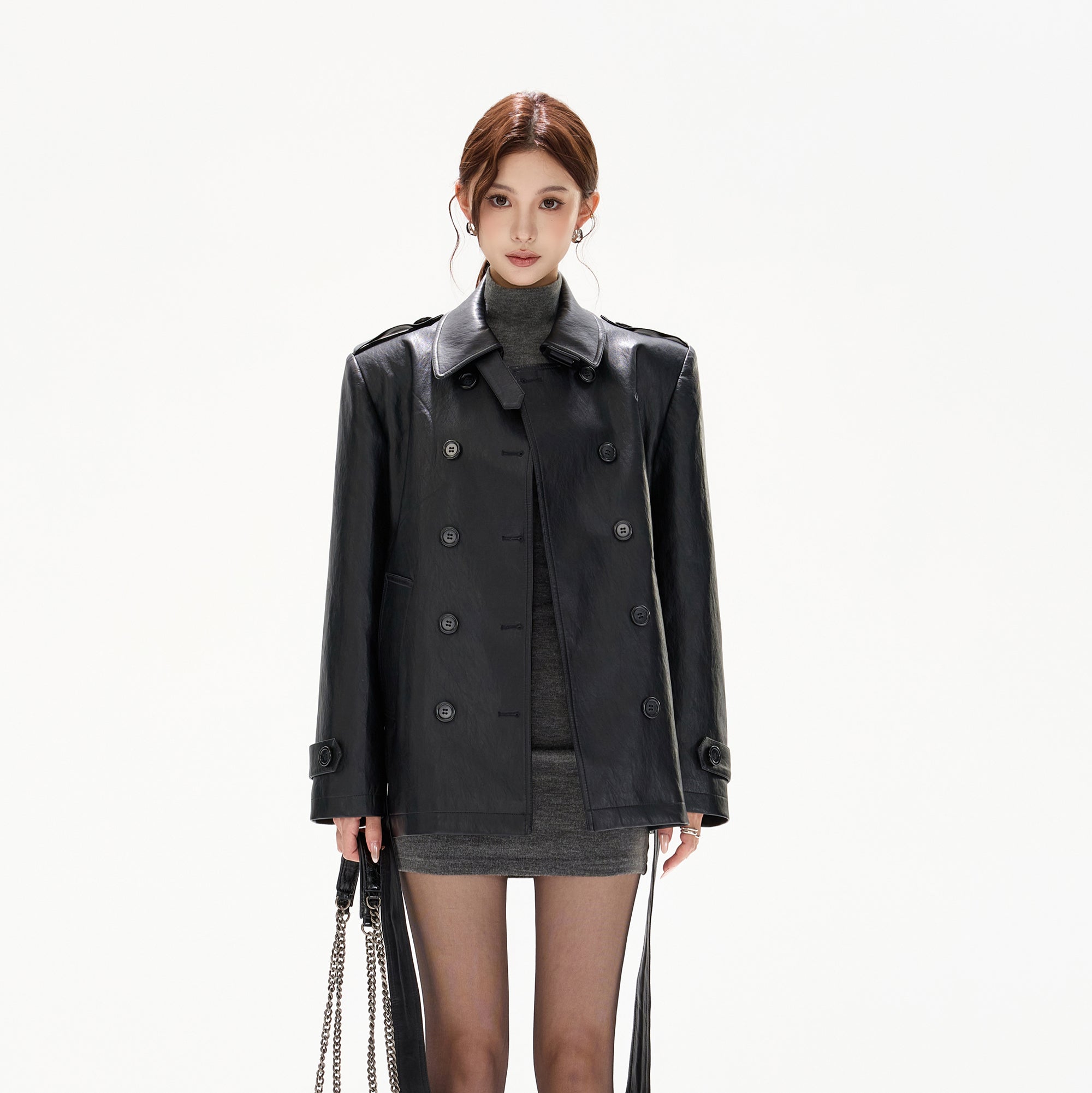 CYGNENOYR Modern Double-Breasted Belted Faux Leather Jacket