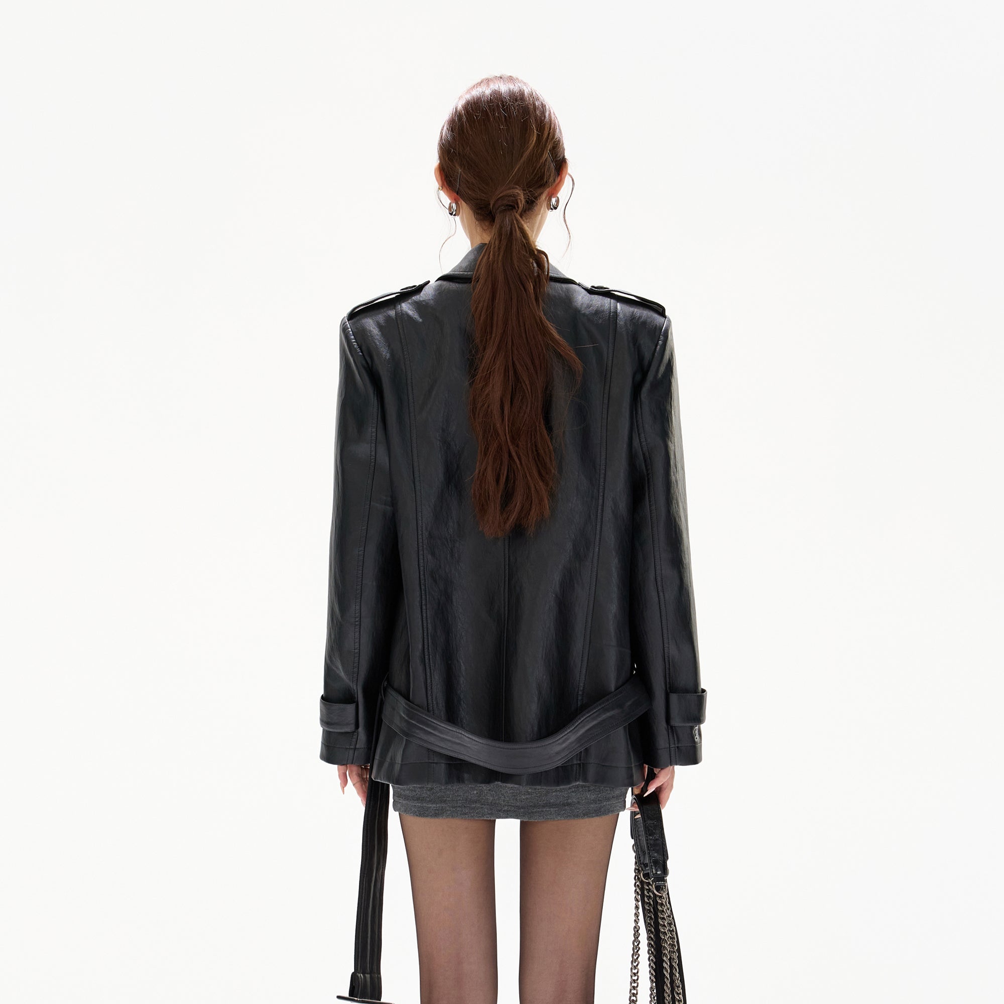 CYGNENOYR Modern Double-Breasted Belted Faux Leather Jacket