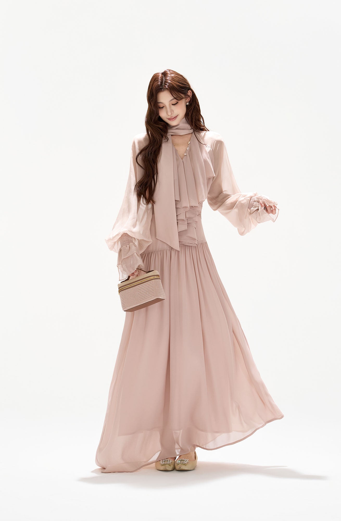 CYGNENOYR Ruffled Bow-Tie Chiffon Tiered Maxi Dress