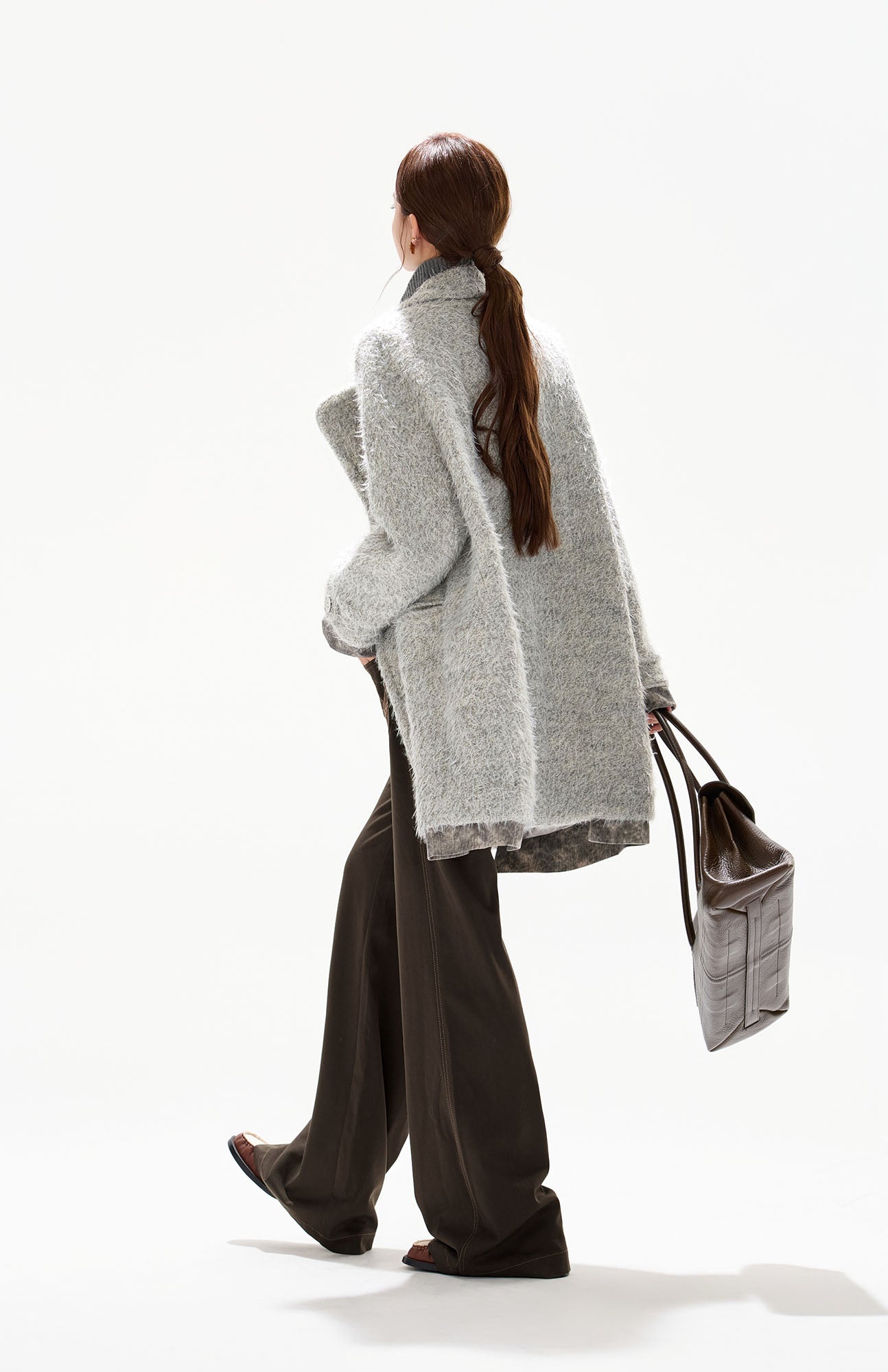 CYGNENOYR Asymmetric Fuzzy Wool-Blend Coat