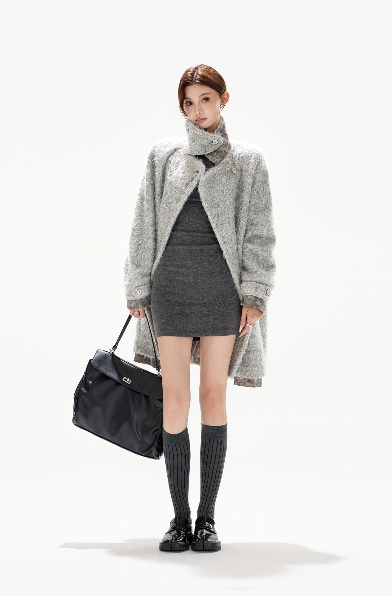 CYGNENOYR Asymmetric Fuzzy Wool-Blend Coat