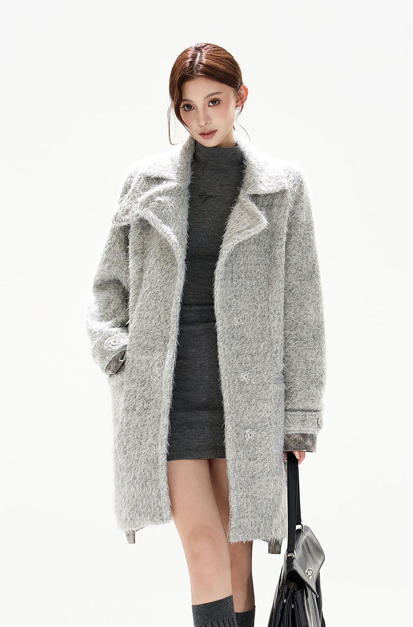 CYGNENOYR Asymmetric Fuzzy Wool-Blend Coat