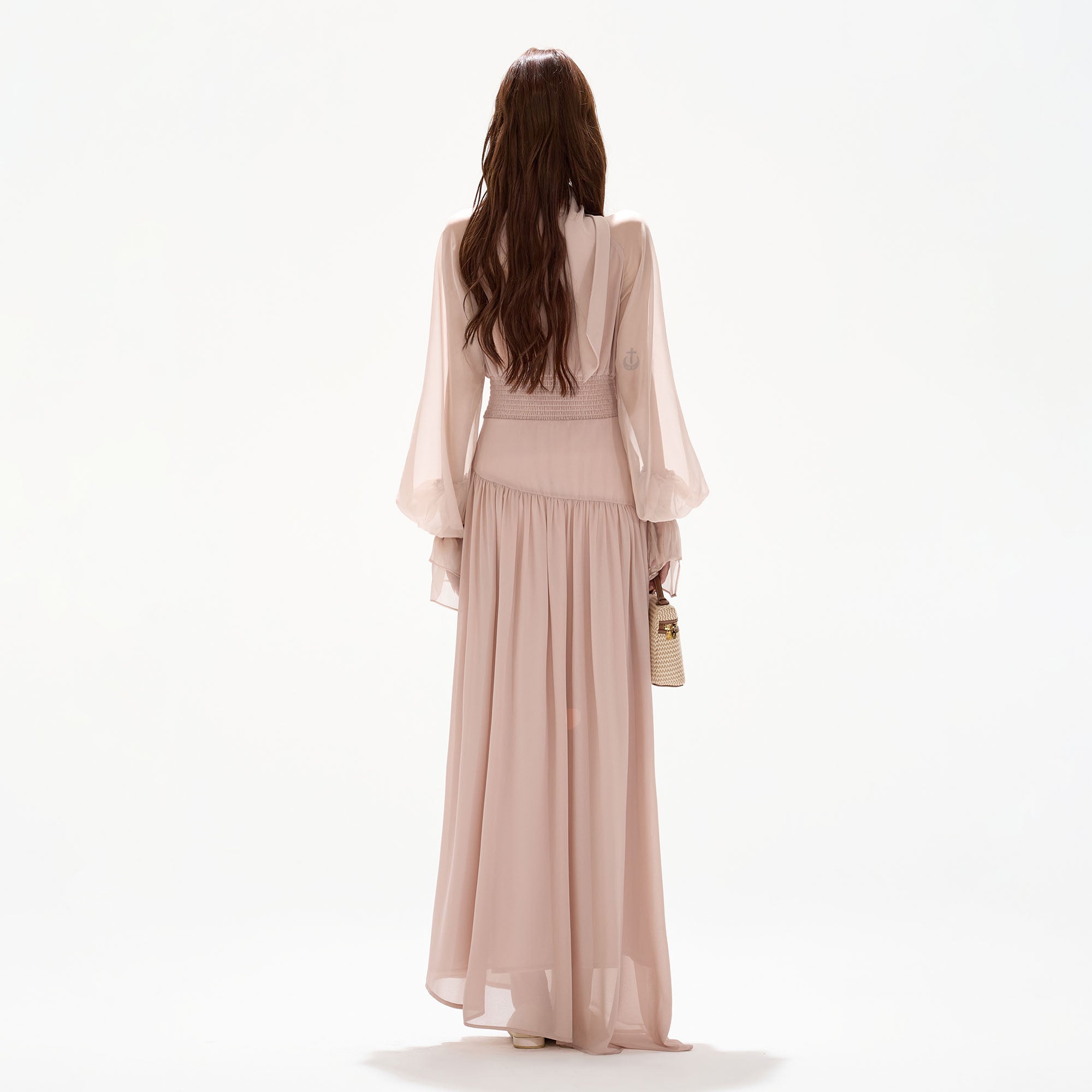 CYGNENOYR Ruffled Bow-Tie Chiffon Tiered Maxi Dress