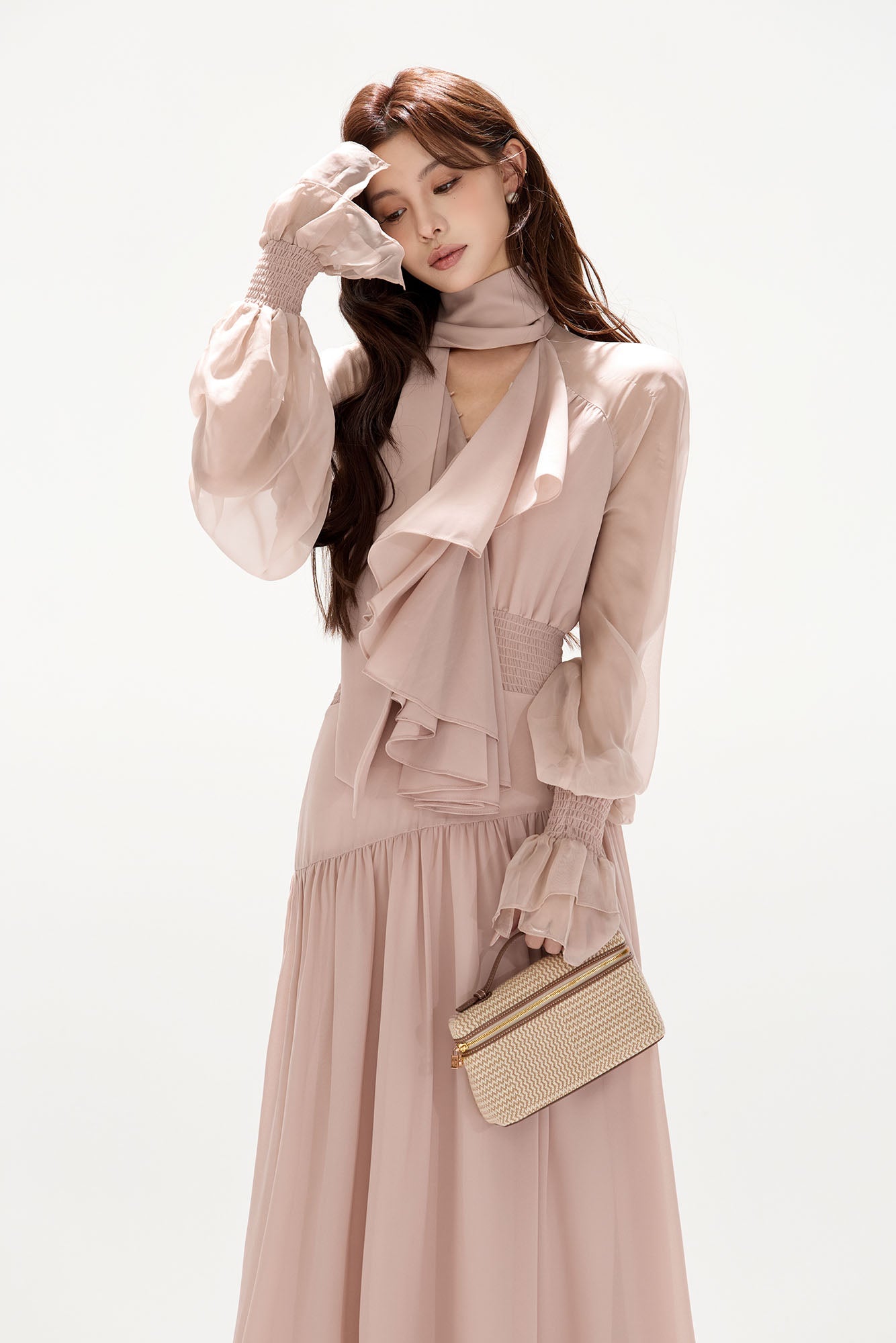 CYGNENOYR Ruffled Bow-Tie Chiffon Tiered Maxi Dress