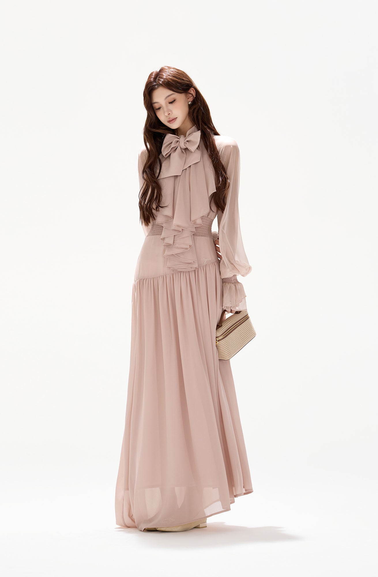 CYGNENOYR Ruffled Bow-Tie Chiffon Tiered Maxi Dress