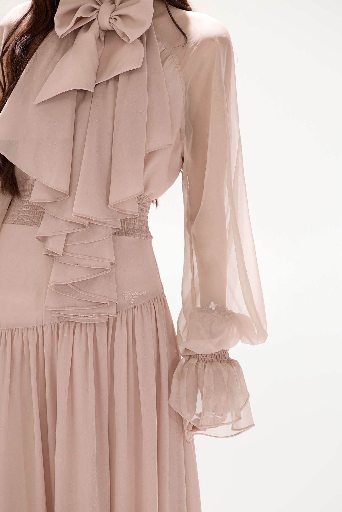 CYGNENOYR Ruffled Bow-Tie Chiffon Tiered Maxi Dress