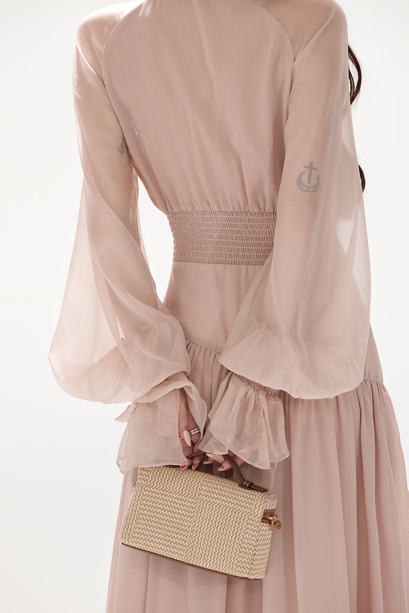 CYGNENOYR Ruffled Bow-Tie Chiffon Tiered Maxi Dress