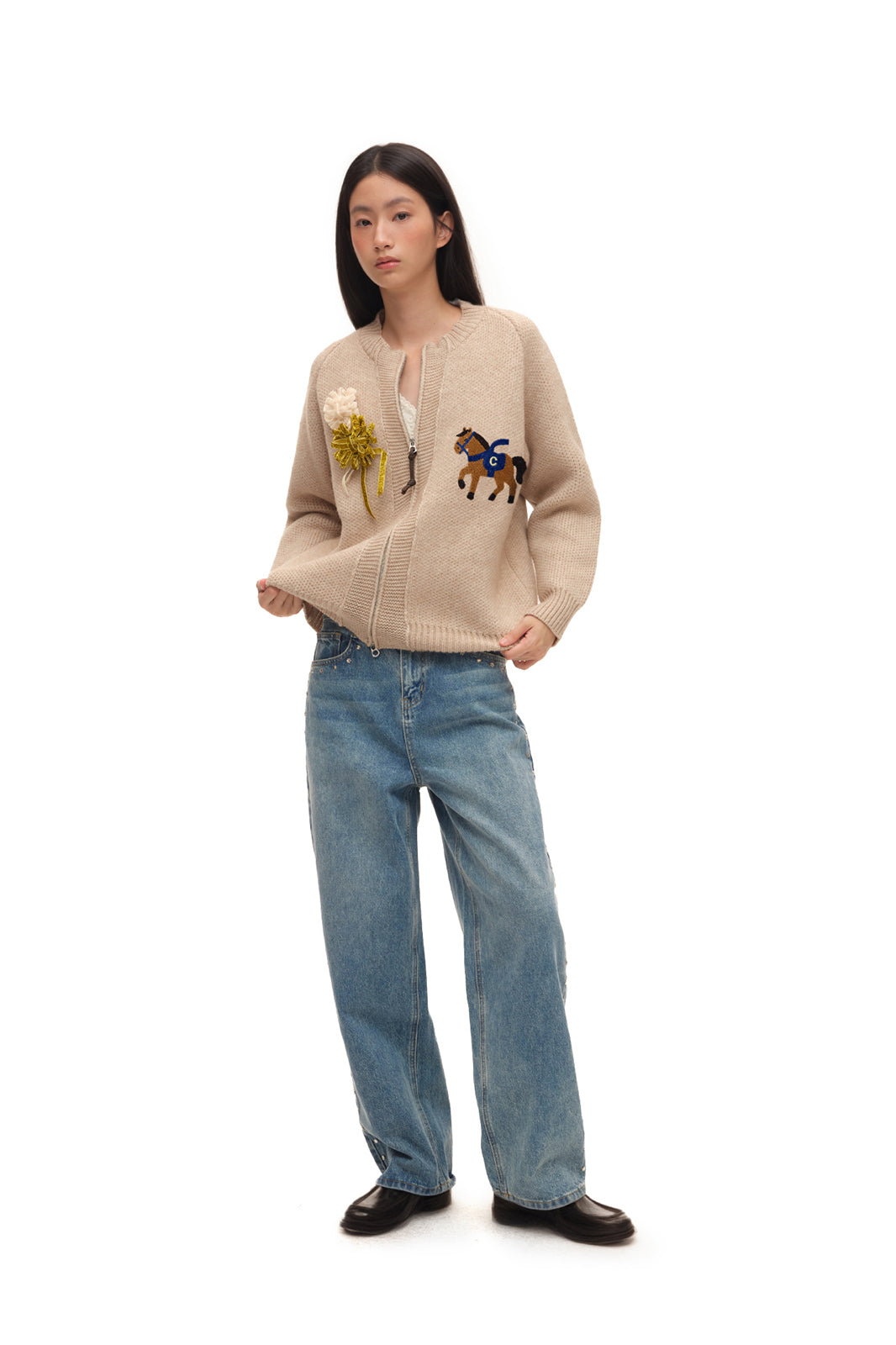 CHICCHICK Retro Horse Embroidered Crewneck Cardigan