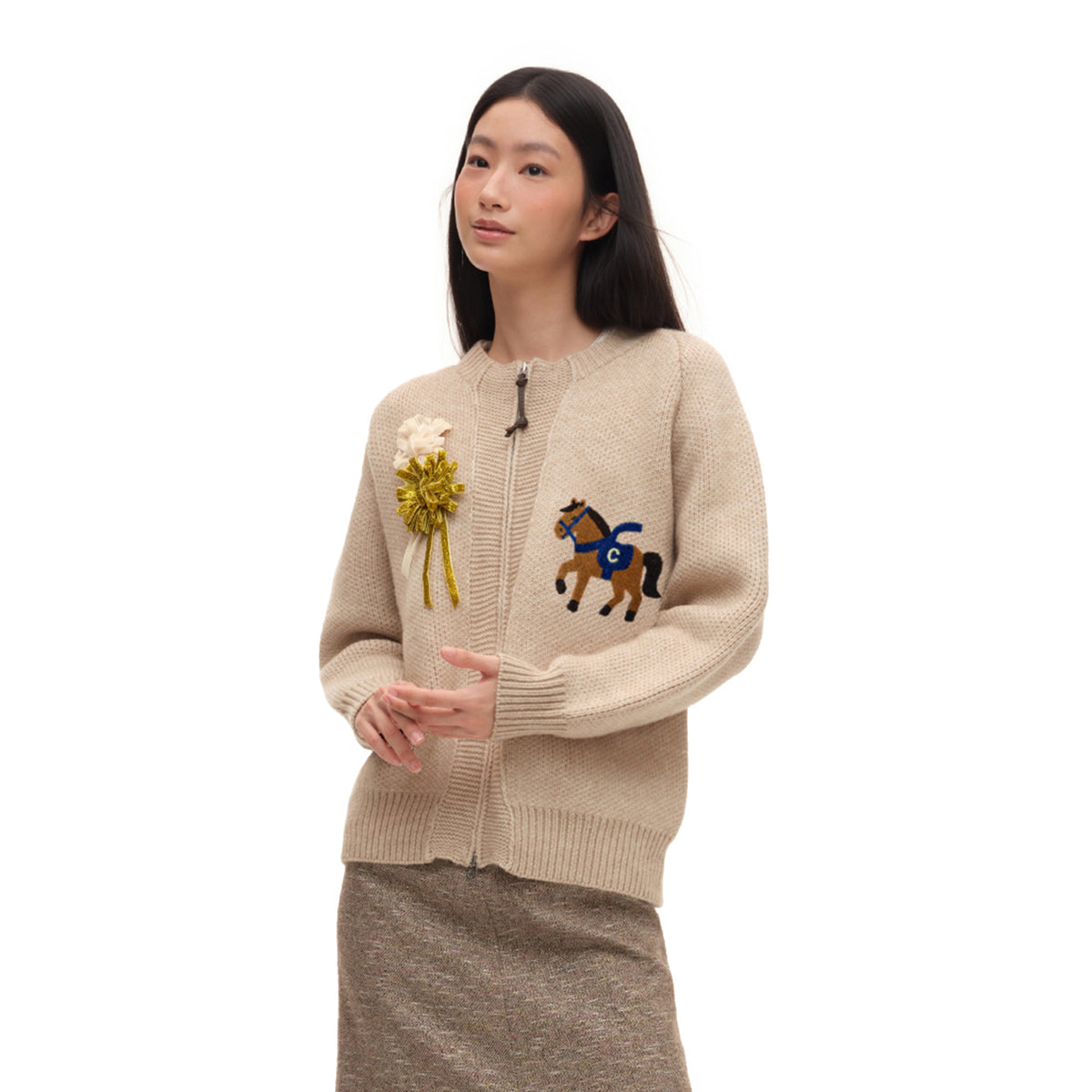 CHICCHICK Retro Horse Embroidered Crewneck Cardigan