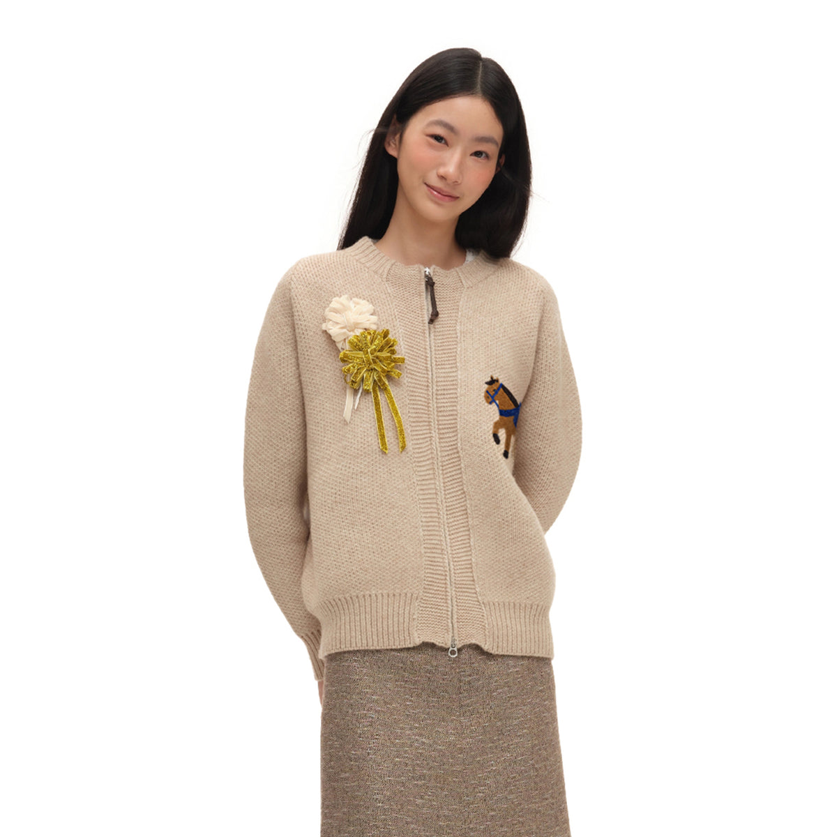 CHICCHICK Retro Horse Embroidered Crewneck Cardigan