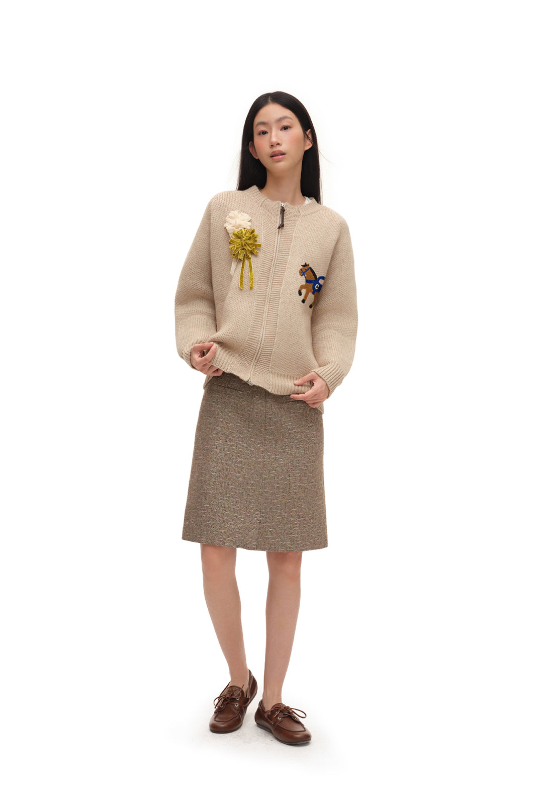 CHICCHICK Retro Horse Embroidered Crewneck Cardigan