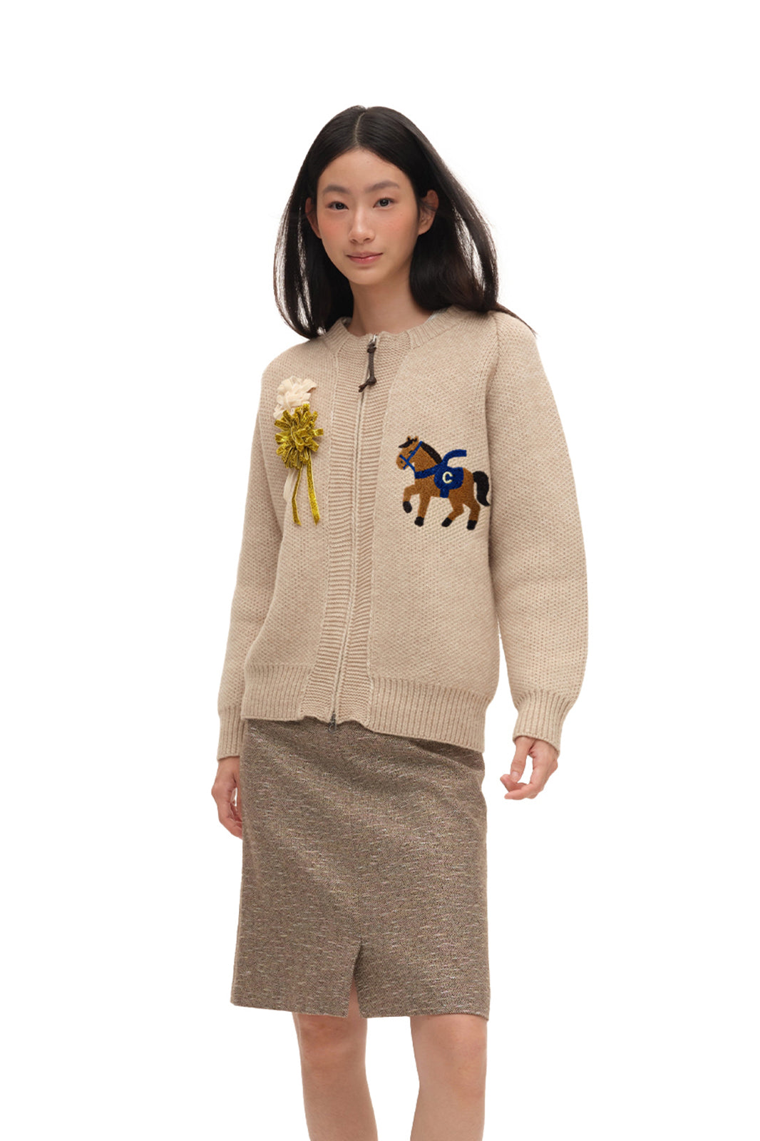CHICCHICK Retro Horse Embroidered Crewneck Cardigan