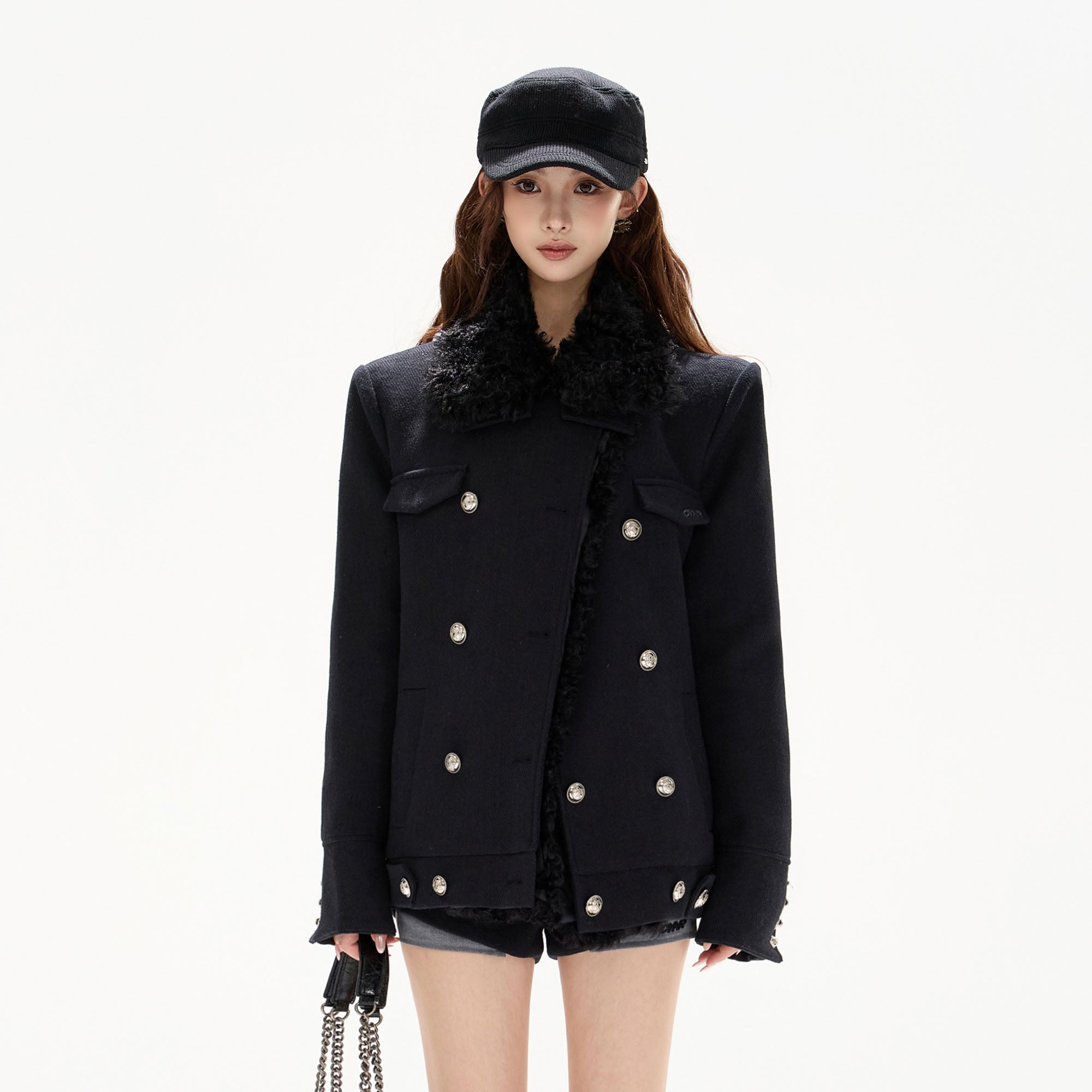 CYGNENOYR Detachable Faux-Fur Trim Double-Breasted Short Coat