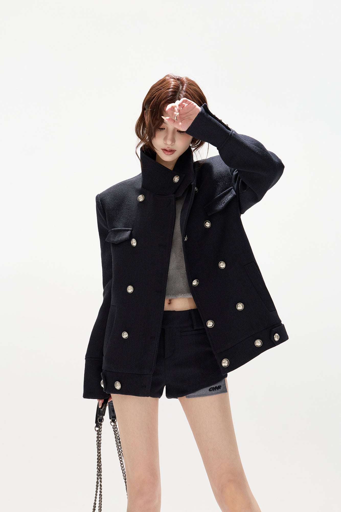 CYGNENOYR Detachable Faux-Fur Trim Double-Breasted Short Coat