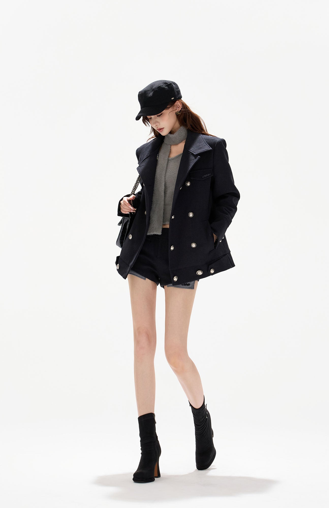 CYGNENOYR Detachable Faux-Fur Trim Double-Breasted Short Coat