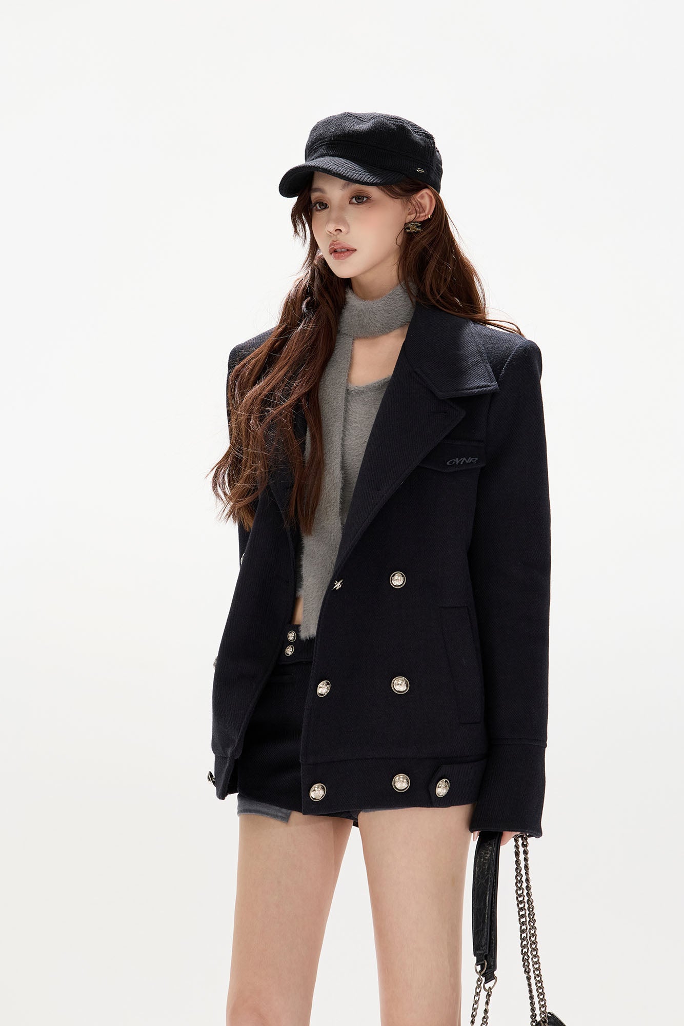 CYGNENOYR Detachable Faux-Fur Trim Double-Breasted Short Coat