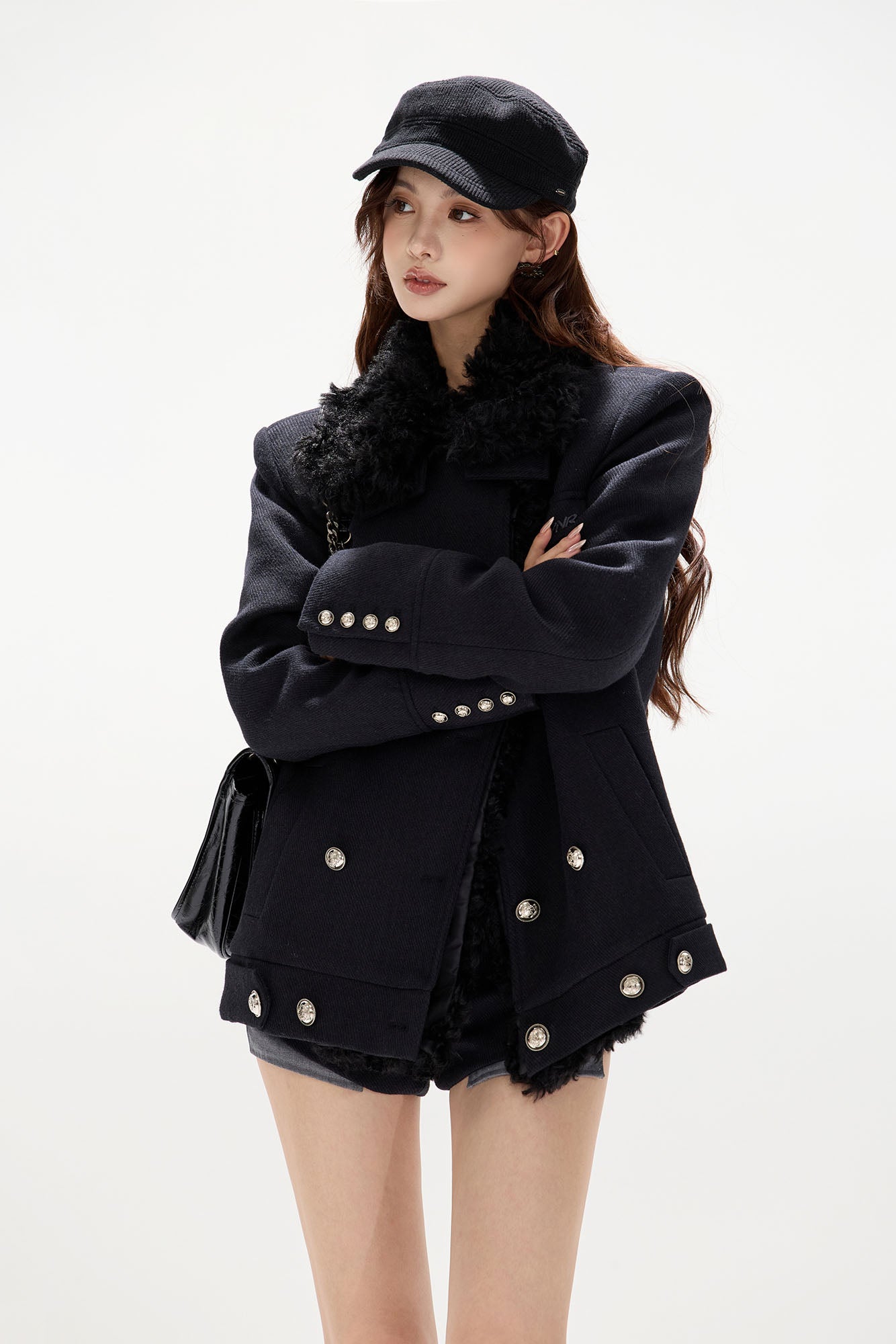 CYGNENOYR Detachable Faux-Fur Trim Double-Breasted Short Coat