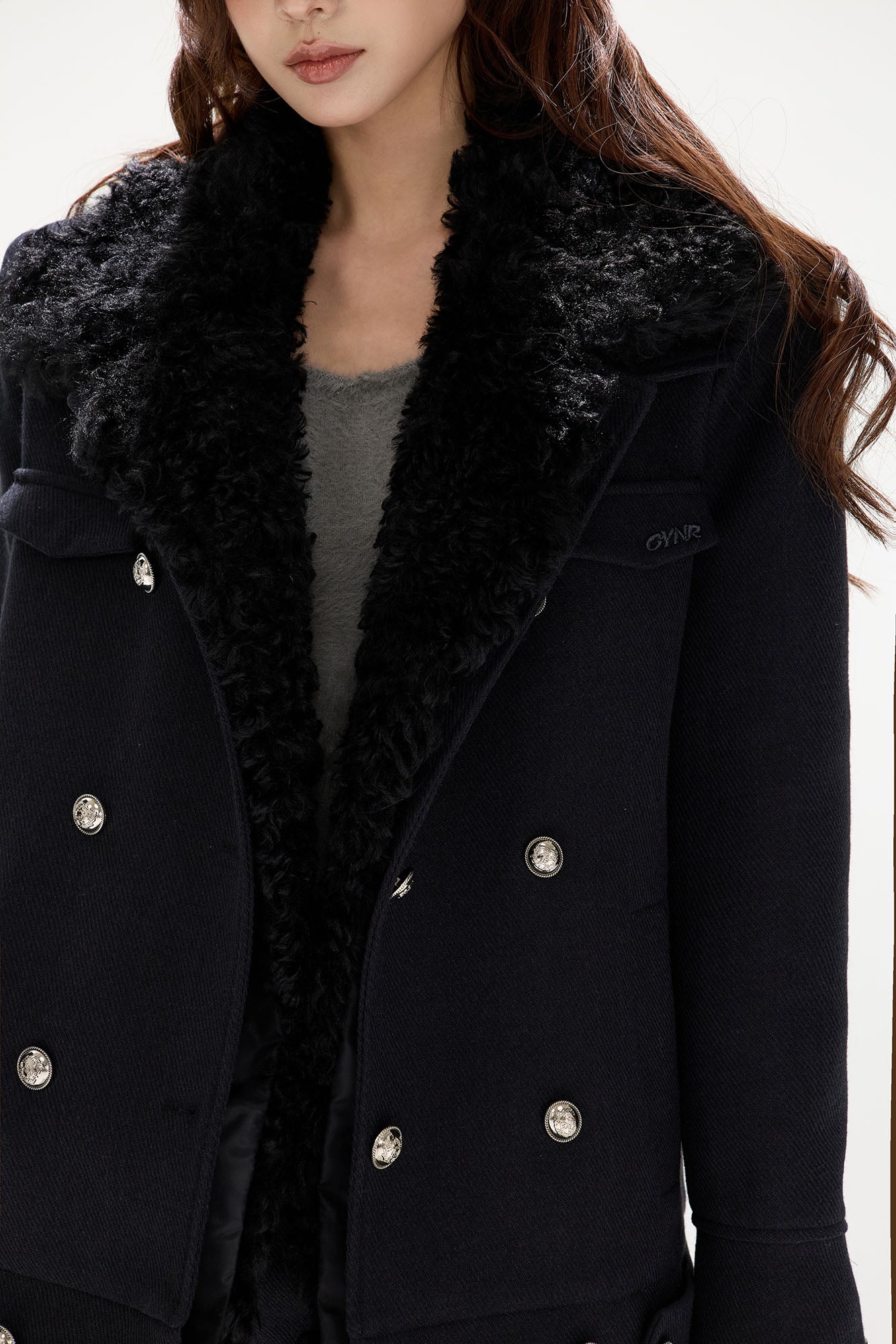 CYGNENOYR Detachable Faux-Fur Trim Double-Breasted Short Coat