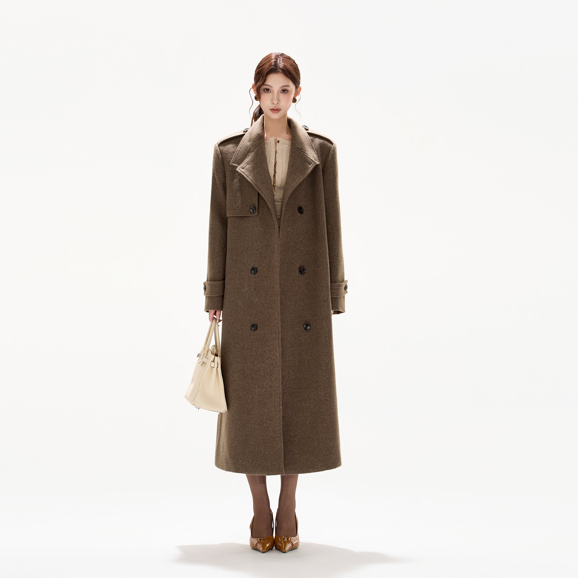 CYGNENOYR Classic Belted Wool-Blend Oversized Long Coat Brown